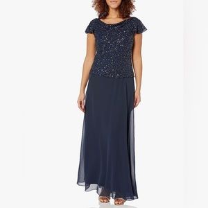 J Kara Women's Long Beaded Cowl Neck Flutter Sleeve Dress